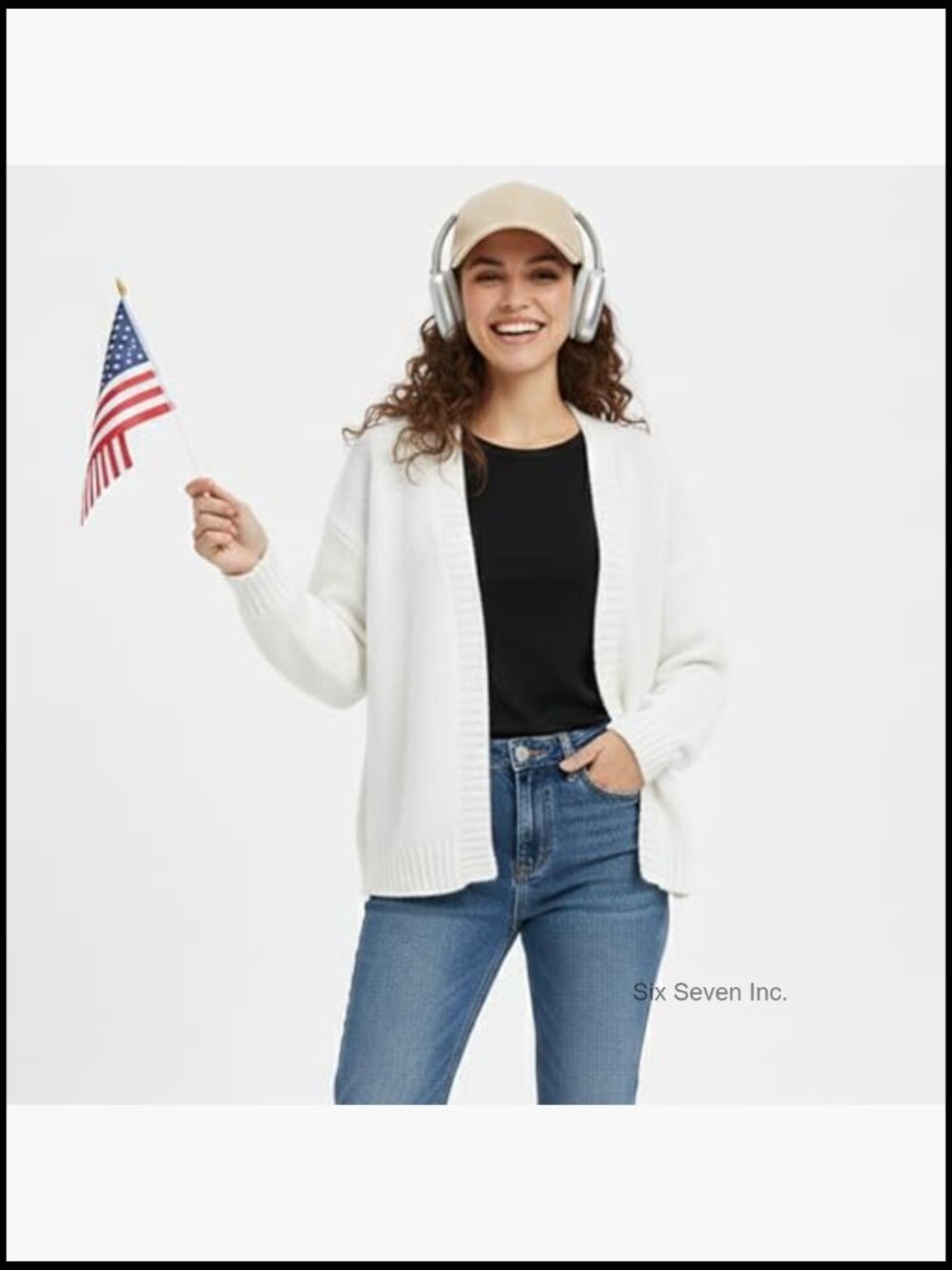 Long Sleeve Lightweight Knit Cardigan Oversized Patched American Flag - Picture 3 of 7